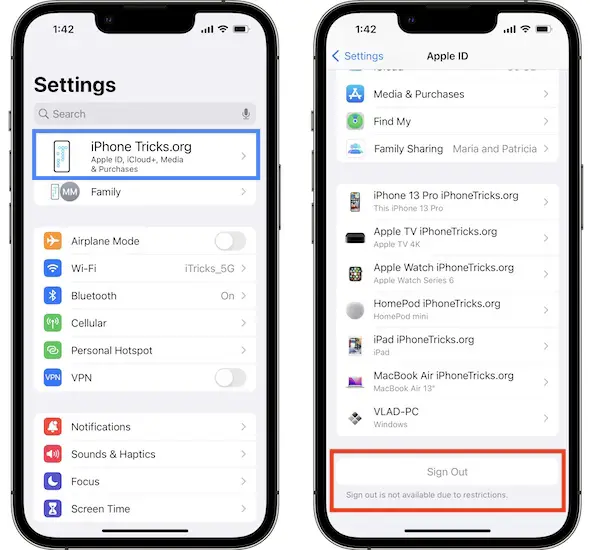 apple id sign out is not available due to restrictions
