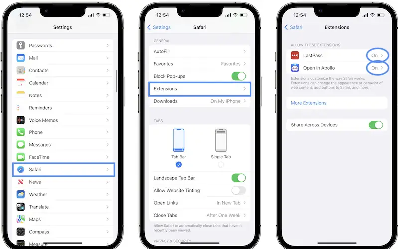 disable Safari extensions on iPhone