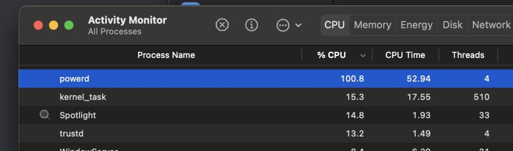 powerd 100 cpu macos ventura