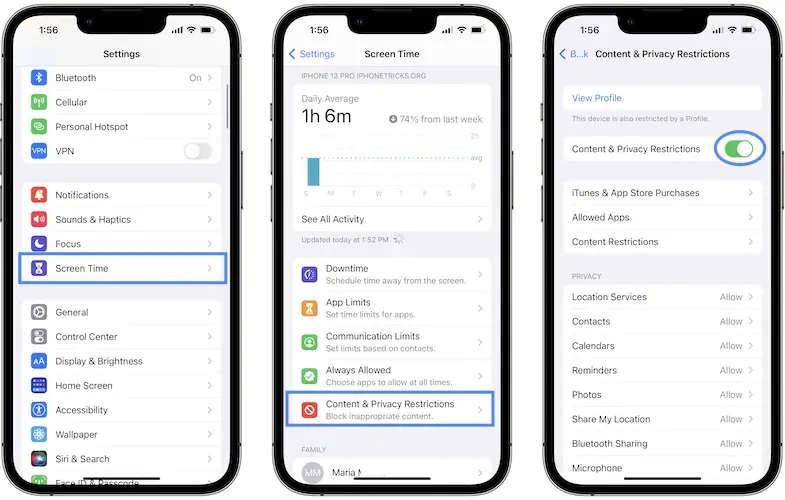 turn off content & privacy restrictions