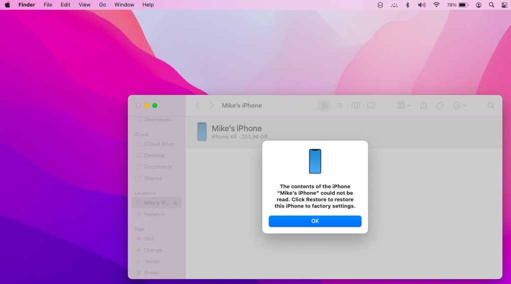the contents of the iPhone could not be read error