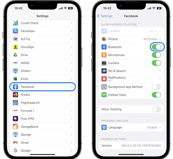turn off bluetooth for facebook