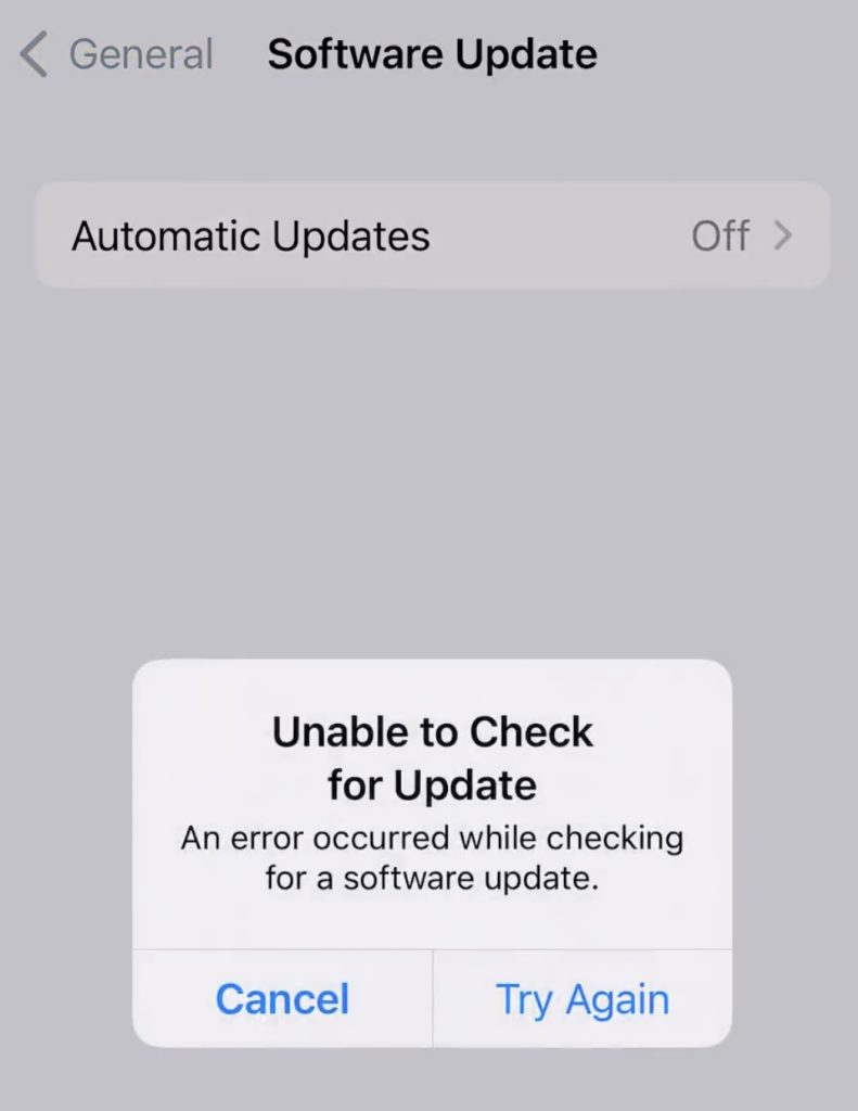 unable to check for update error iOS 16.1
