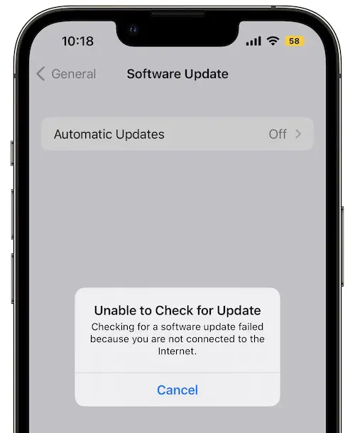 unable to check for update on iphone