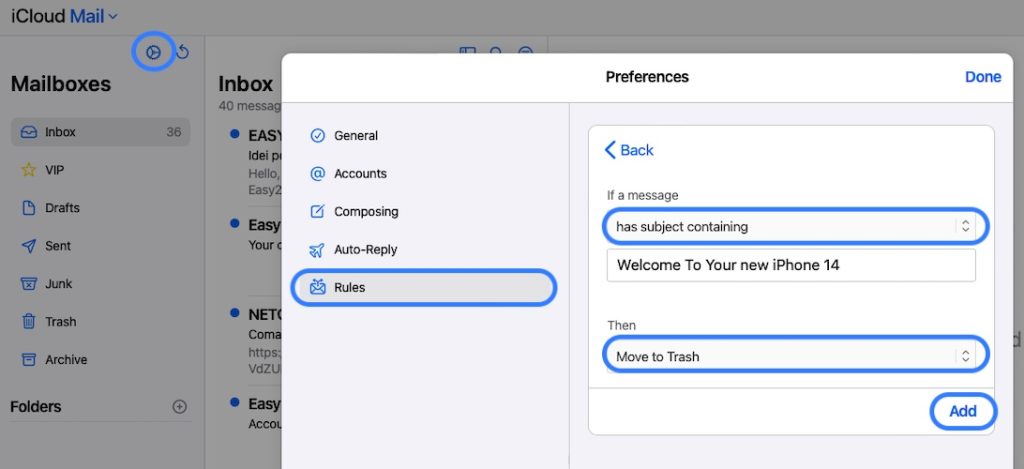 how to create Mail filter in iCloud