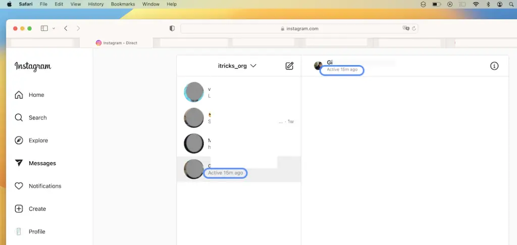 Instagram Last Active status displays in browser