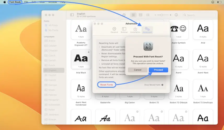 reset fonts macos ventura