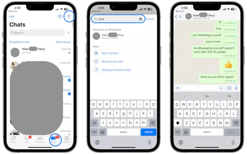 whatsapp message myself on iphone