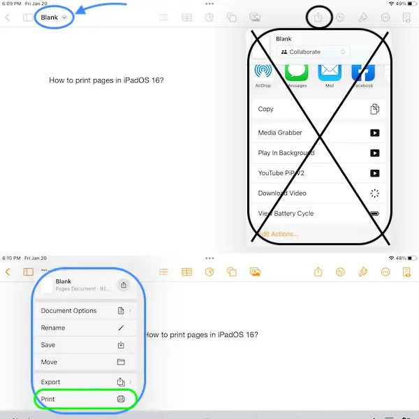 how to print documents in pages in ipados 16