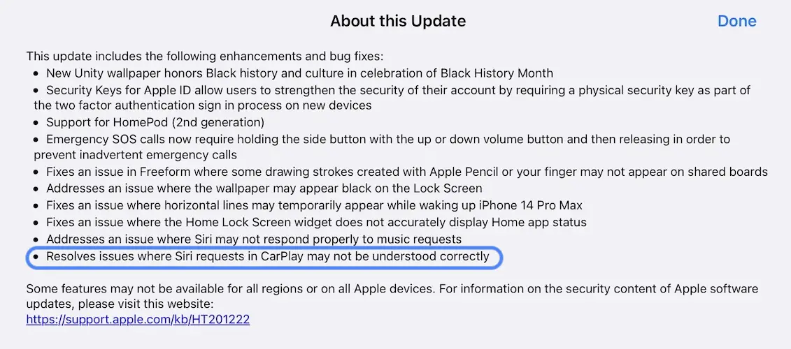 ios 16 siri carplay bug fix in release notes