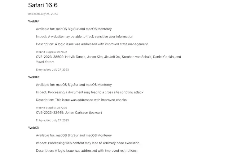 safari 16.6 security updates