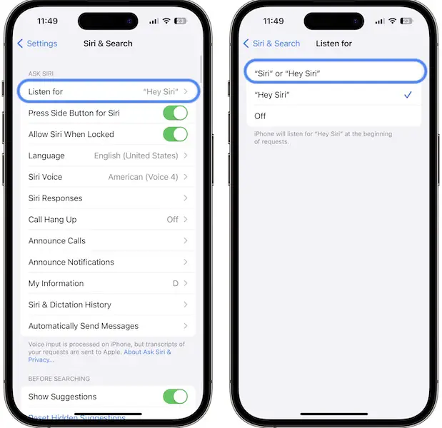listen for siri or hey siri ios 17