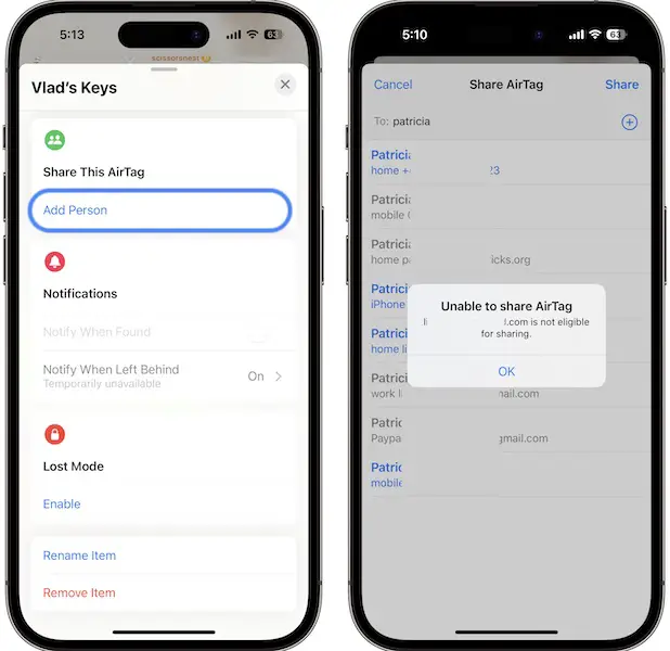 unable to share airtag is not eligible for sharing