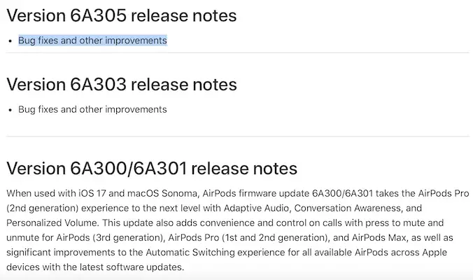 airpods 6a305 release notes